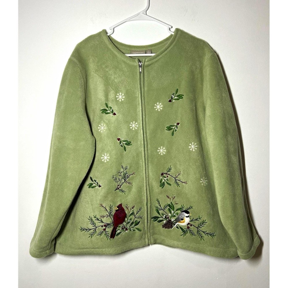 Croft & Barrow Women's 1X Green Full Zip Fleece Jacket w/Bird & Snow Embroidery